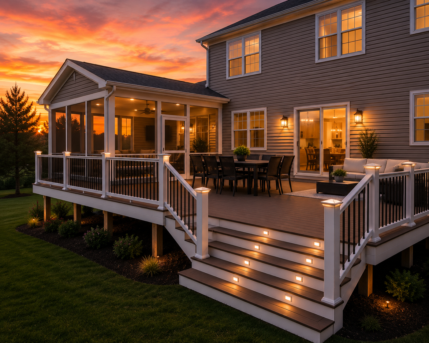 Sunset deck with lit steps